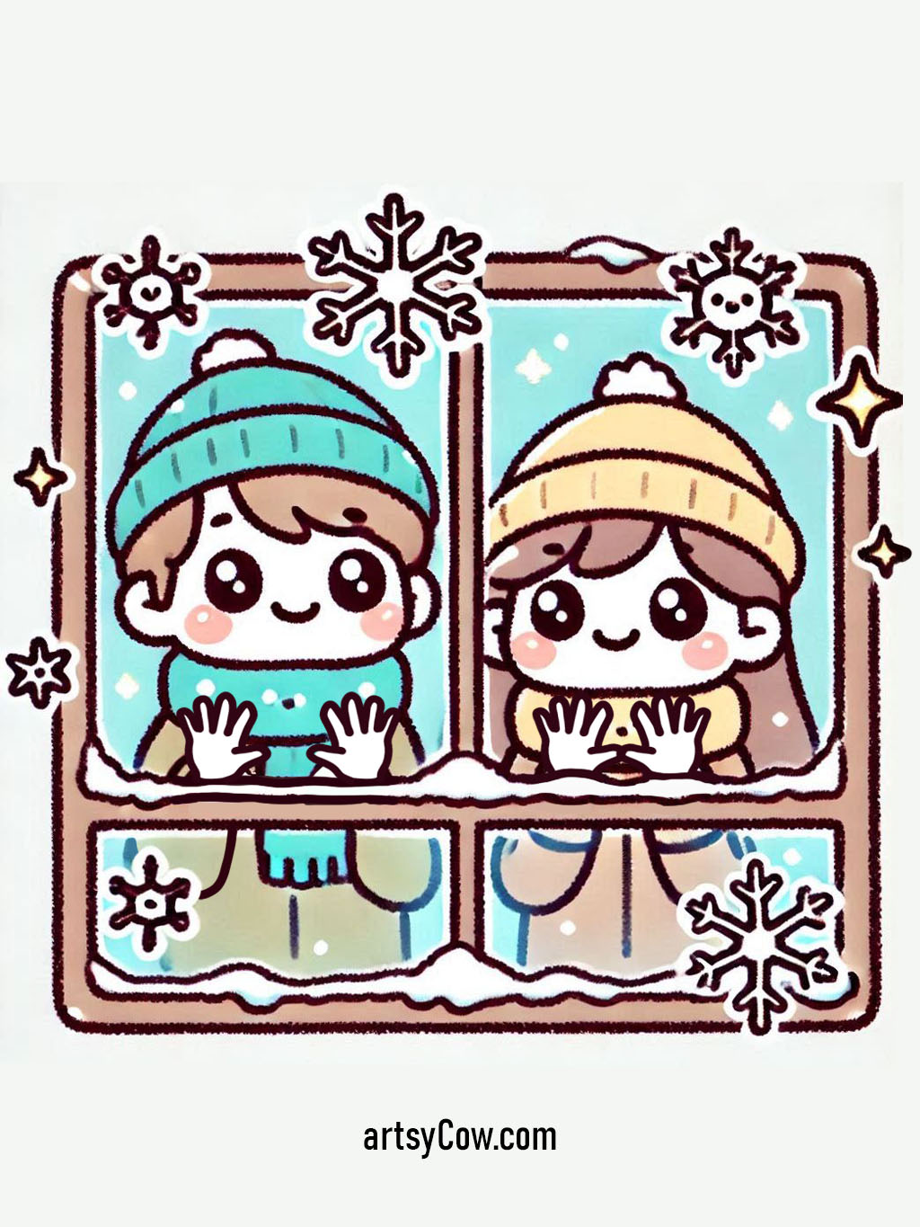 valentines drawings with couple sitting by a window, wearing cozy winter clothes, surrounded by snowflakes.